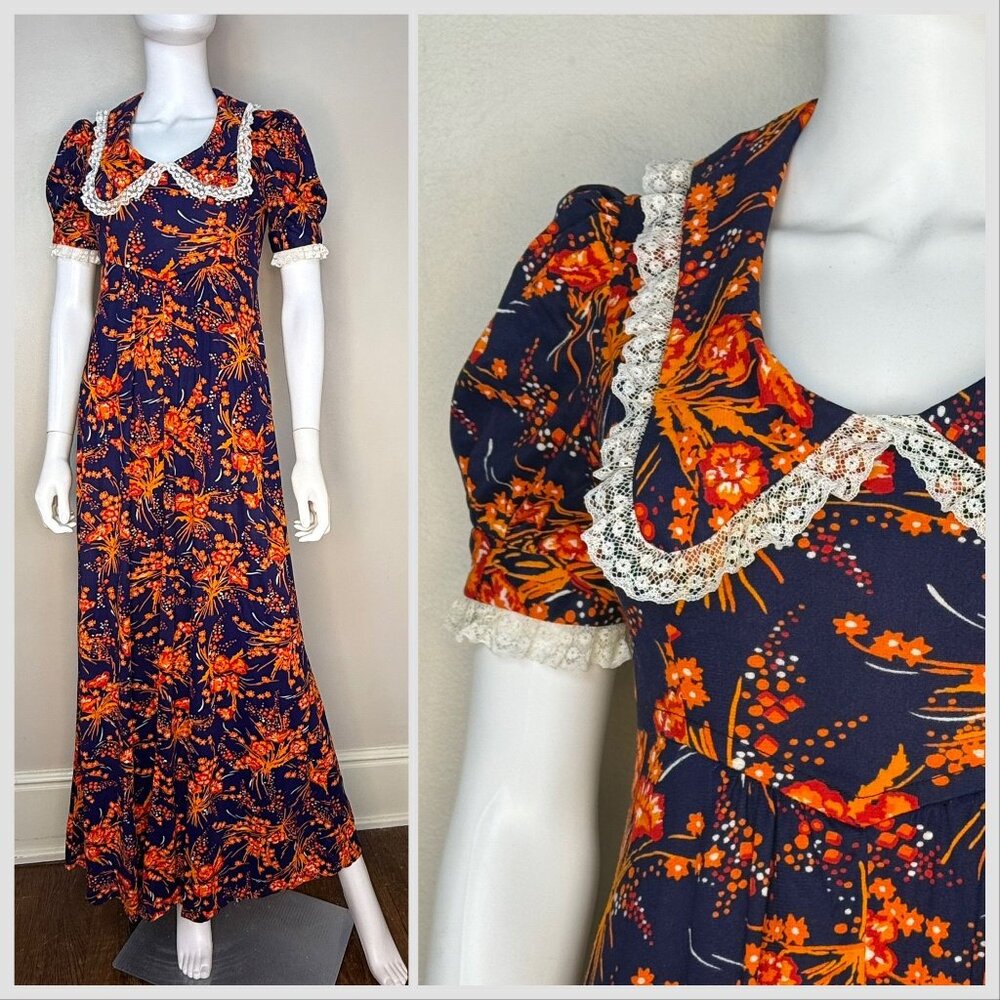 Vintage 1960s/70s Navy Blue and Orange Floral Maxi Dress, Size Small, Lace Trimm